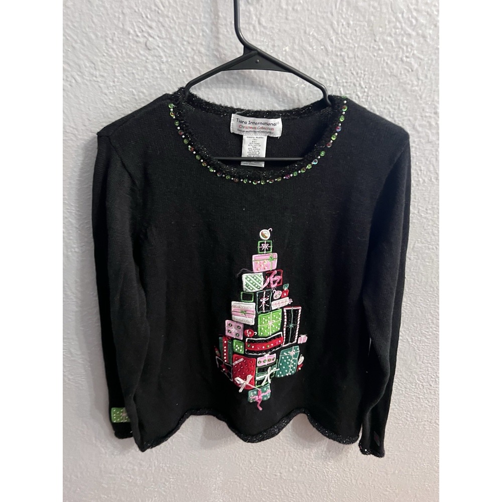 Tiara International Sweater Womans Black Size XL Christmas Collection Tree Gifts